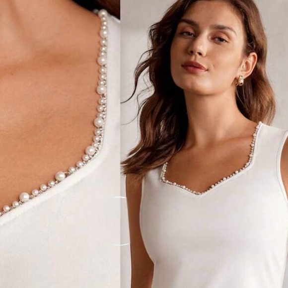 Tops - Pearl trim top sleevesless tank rhinestone beaded neckline stretch white spring
